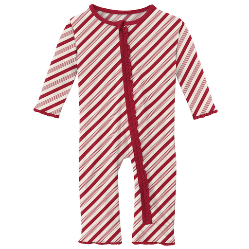 KICKEE PANTS PRINT MUFFIN RUFFLE COVERALL IN CRIMSON CANDY CANE STRIPE