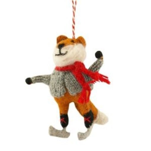 FIONA WALKER Fox With Skates Ornament - Felted Wool - 4.5"