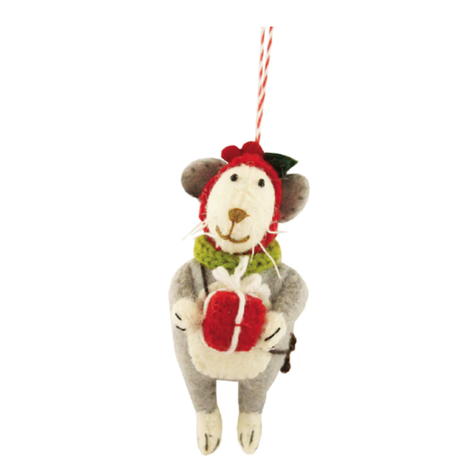 FIONA WALKER Mouse With Present Ornament - Felted Wool - 4.5"