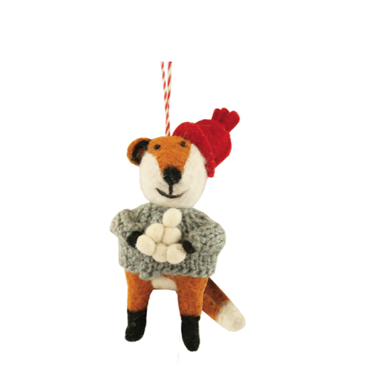 FIONA WALKER Fox With Hat And Snowballs Ornament - Felted Wool - 4.5"