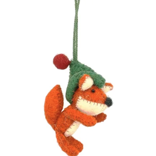 FIONA WALKER Fox Sitting with Green Ornament - 100% Felted Wool