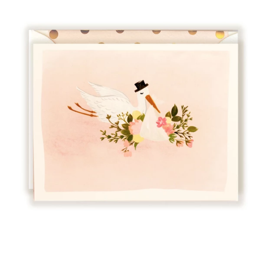 THE FIRST SNOW Baby Stork Blush Greeting Card