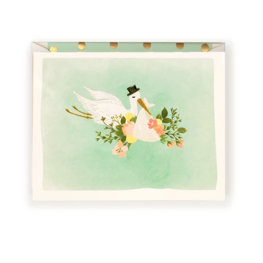 The First Snow Baby Stork Illustration Card In Blue
