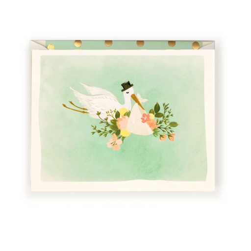 THE FIRST SNOW Baby Stork Illustration Card In Blue