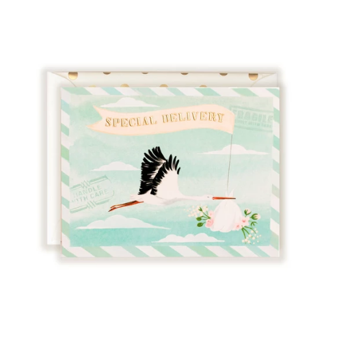 THE FIRST SNOW Foil Special Delivery Baby Stork Card