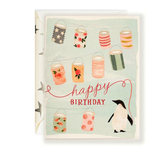 THE FIRST SNOW HAPPY BIRTHDAY PAPER LANTERNS PENGUIN CARD