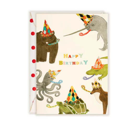 THE FIRST SNOW Animals Having A Party Happy Birthday Greeting Card