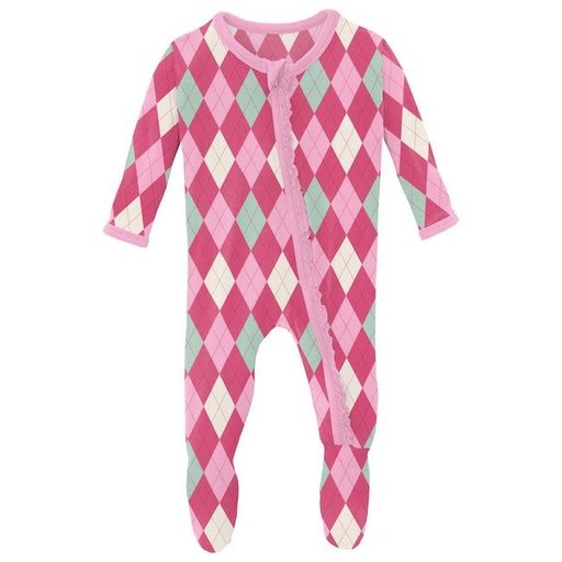 KICKEE PANTS Print Muffin Ruffle Footie With Zipper In Flamingo Argyle