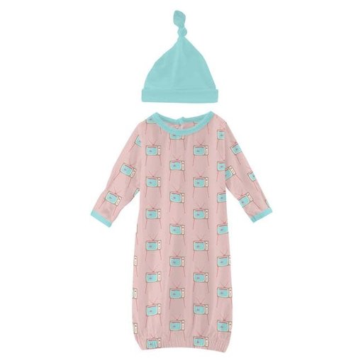 KICKEE PANTS Vintage Tv Print Layette Gown And Single Knot Hat Set