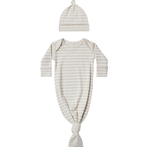 RYLEE & CRU KNOTTED BABY GOWN AND HAT SET IN SILVER STRIPE - OS