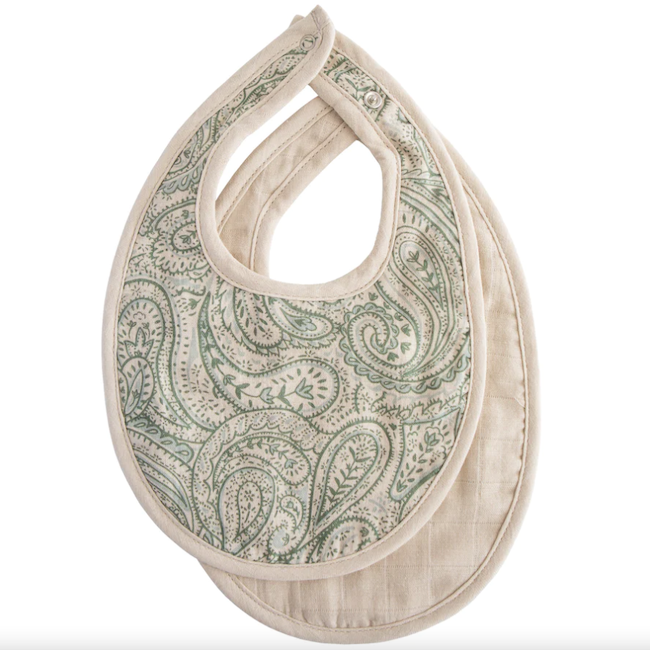 Mushie Muslin Bib 2-Pack In Green Paisley/Fog