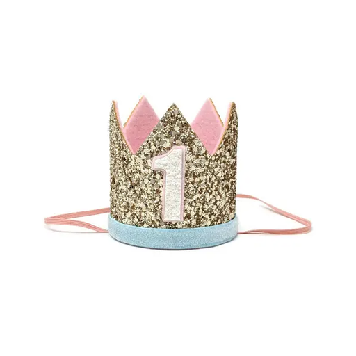 LITTLE BLUE OLIVE Pale Gold And Aqua Glitter Trim Crown Number 1