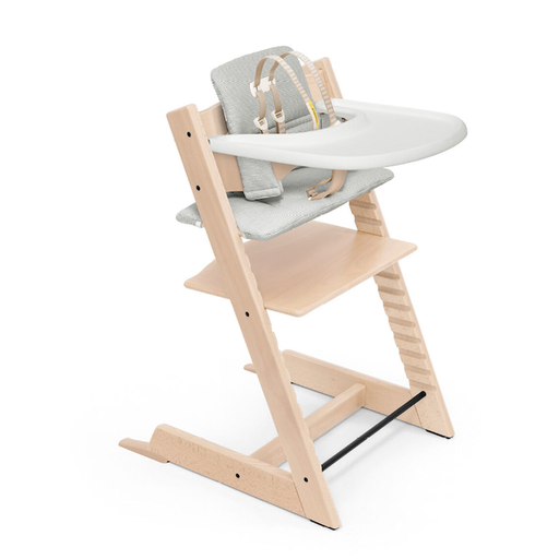 STOKKE TRIPP TRAPP HIGH CHAIR COMPLETE NATURAL WITH NORDIC GREY CUSHION AND TRAY
