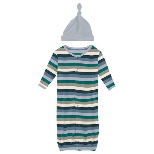 KICKEE PANTS Print Layette Gown Converter And Single Knot Hat Set In Snowy Stripe