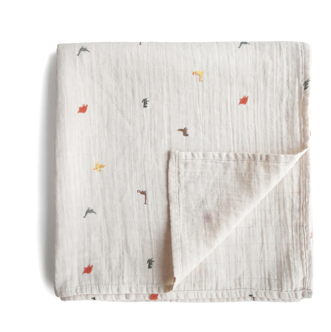 Mushie Organic Cotton Muslin Swaddle Blanket - Dinosaurs