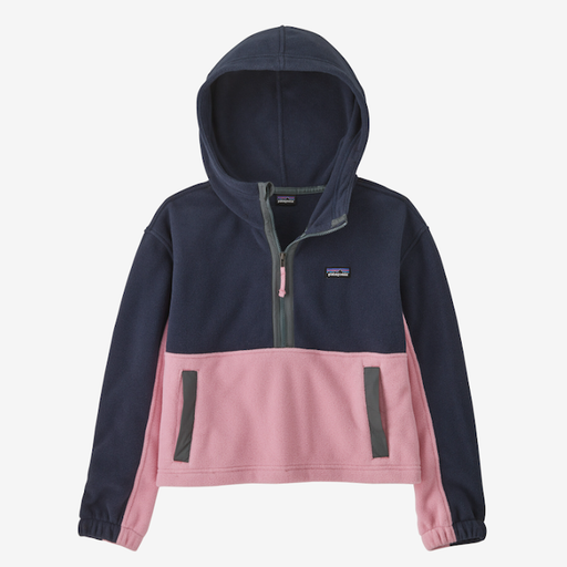 PATAGONIA Kids Microdini Cropped Hoody Pullover In New Navy / Planet Pink