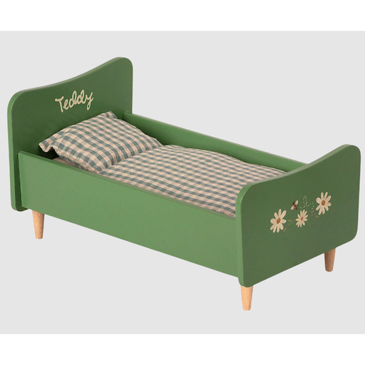 MAILEG Wooden Bed, Teddy Dad In Dusty Green