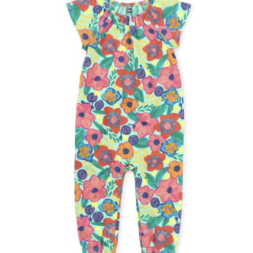 Tea Flutter Sleeve Baby Romper in Painterly Floral