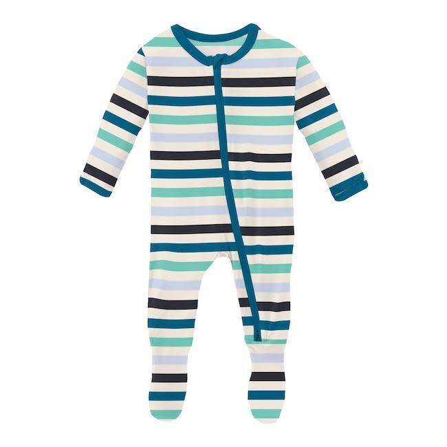 KICKEE PANTS Print Footie with 2 Way Zipper in Little Boy Blue Stripe