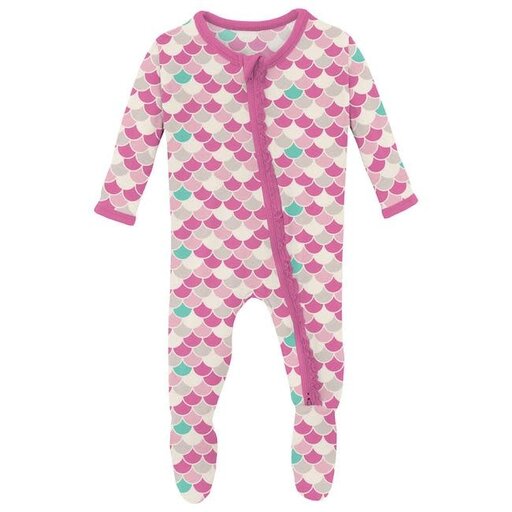 KICKEE PANTS Print Muffin Ruffle Footie with 2 Way Zipper in Tulip Scales