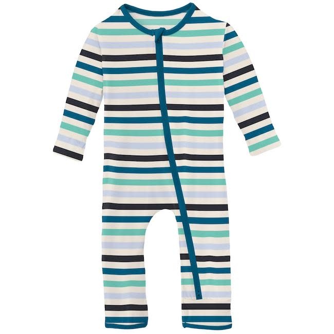 KICKEE PANTS Print Coverall with 2 Way Zipper in Little Boy Blue Stripe