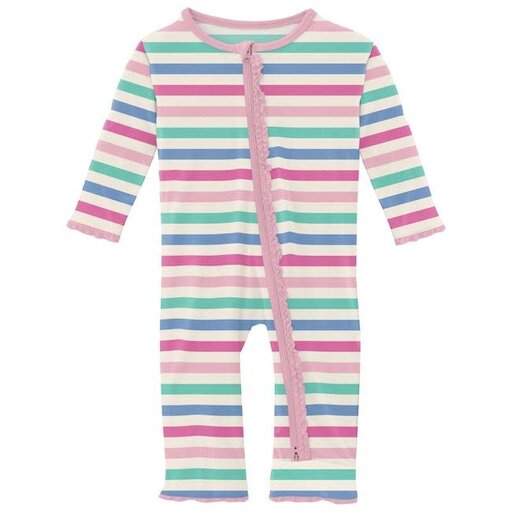 KICKEE PANTS Print Muffin Ruffle Coverall with 2 Way Zipper in Skip To My Lou Stripe