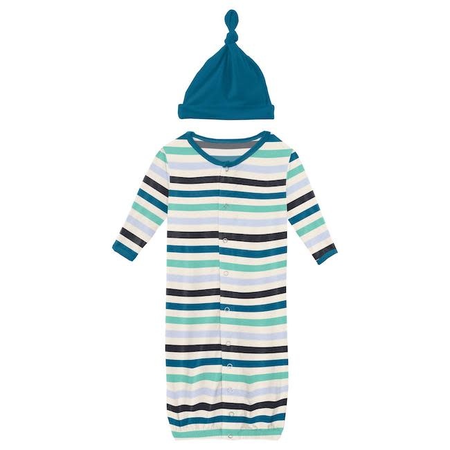 KICKEE PANTS Print Layette Gown Converter & Single Knot Hat Set in Little Boy Blue Stripe