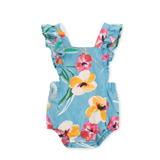 Tea Ruffle Bubble Baby Romper in Painterly Hibiscus