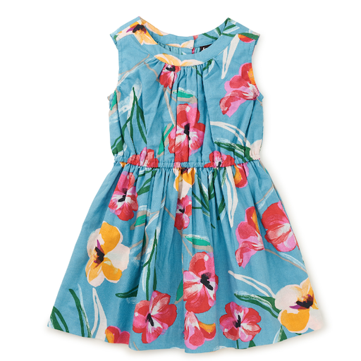 Tea Sleeveless Skirted Dress in Painterly Hibiscus