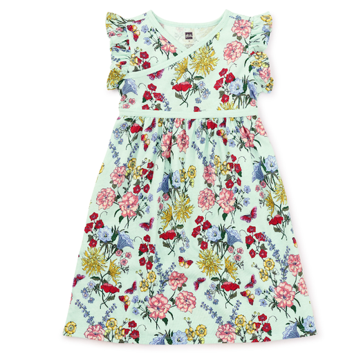 Tea Ruffle Sleeve Wrap Neck Dress in Intricate Lyrical Floral