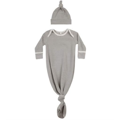 QUINCY MAE Knotted Baby Gown + Hat Set in Lagoon Micro Stripe - O/S
