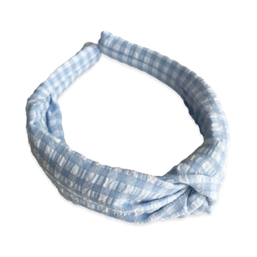 Eva's House Seersucker Gingham Knotted Headband in Blue