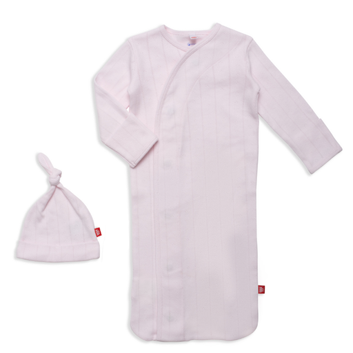 MAGNETIC ME Love Lines Pink Organic Cotton Pointelle Magnetic Gown Hat Set / NB-3M
