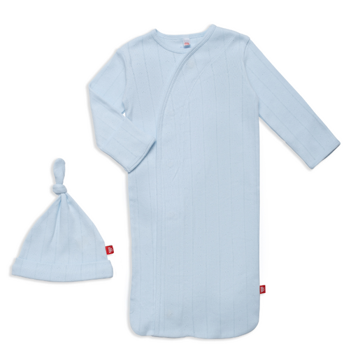 MAGNETIC ME Love Lines Blue Organic Cotton Pointelle Magnetic Gown Hat Set / NB-3M