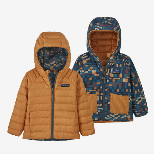PATAGONIA BABY REVERSIBLE DOWN SWEATER HOODY IN FITZ ROY PATCHWORK