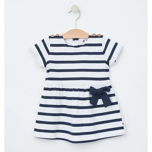 BATELA Baby's  Short Sleeve Nautical Stripe cotton Dress with Bow