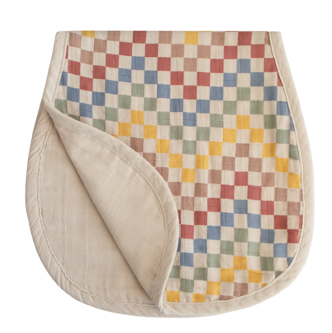 Mushie Organic Cotton Muslin Burp Cloth 2-Pack in Retro Check/Fog