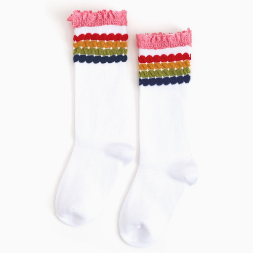 Little Stocking Co. Rainbow Bubble Stripe Lace Top Knee High Socks