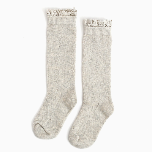 Little Stocking Co. Heathered Ivory Fancy Lace Top Knee High Socks
