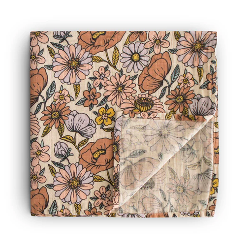 Mushie Organic Cotton Muslin Swaddle Blanket - Retro Flowers