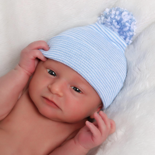 Ilybean White/Blue Stripe Hat Mixed Pom Pom - NB