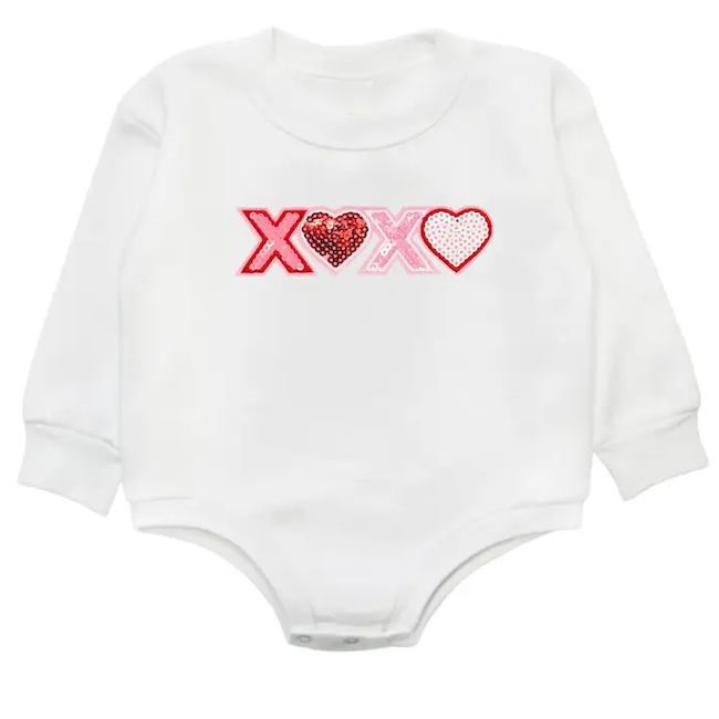 Sweet Wink XOXO Sequin Patch Valentine's Day Long Sleeve Romper