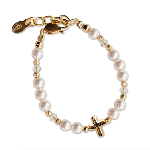 Cherished Moments, LLC Eve - 14K Gold-Plated Simulated Pearl Bracelet with Cross Baptism or First Communion Gift