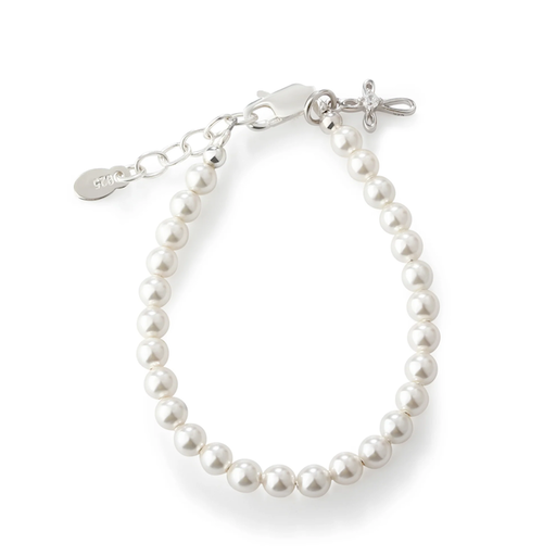 Cherished Moments, LLC Lacey - Sterling Silver Simulated Pearl with Cross Bracelet for Infant Baby