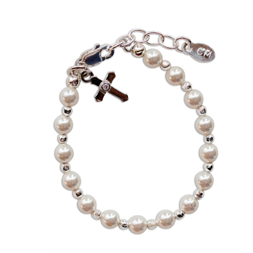 Cherished Moments, LLC Kaitlyn - Children's Sterling Silver Simulated Pearl Cross Bracelet