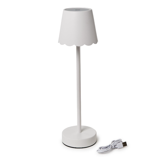 Two's Company White Cordless Table Lamp with Scalloped Edge Shade