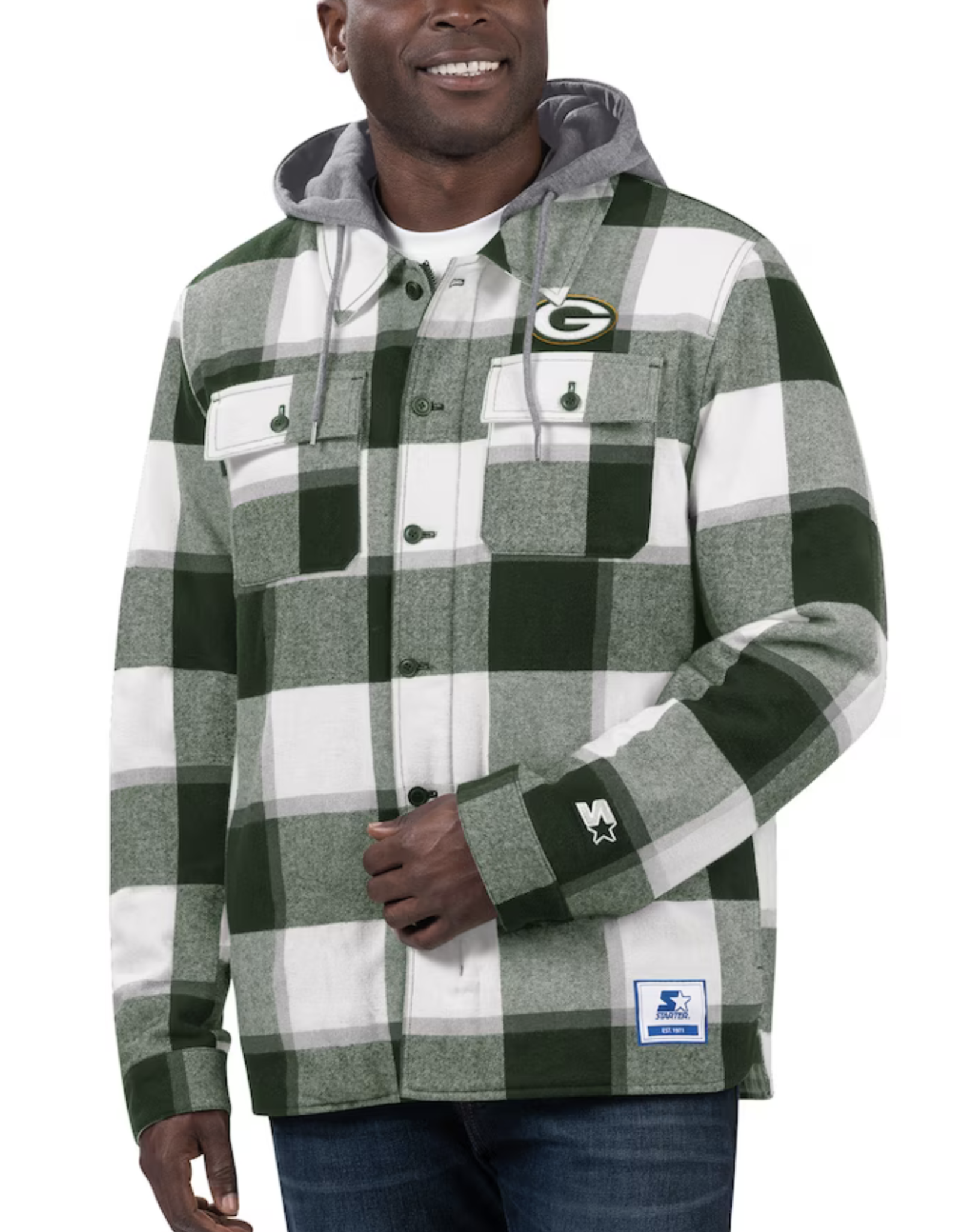 STARTER Green Bay Packers Men's Pickoff Plaid Fleece Hooded Jacket