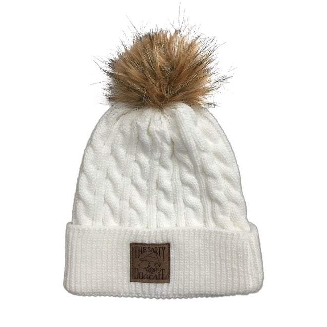 Beanie - Ladies Cable Knit Pom, White