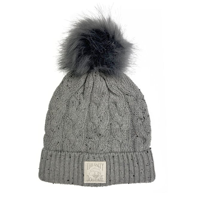 Beanie - Ladies Cable Knit Fur Pom Grey