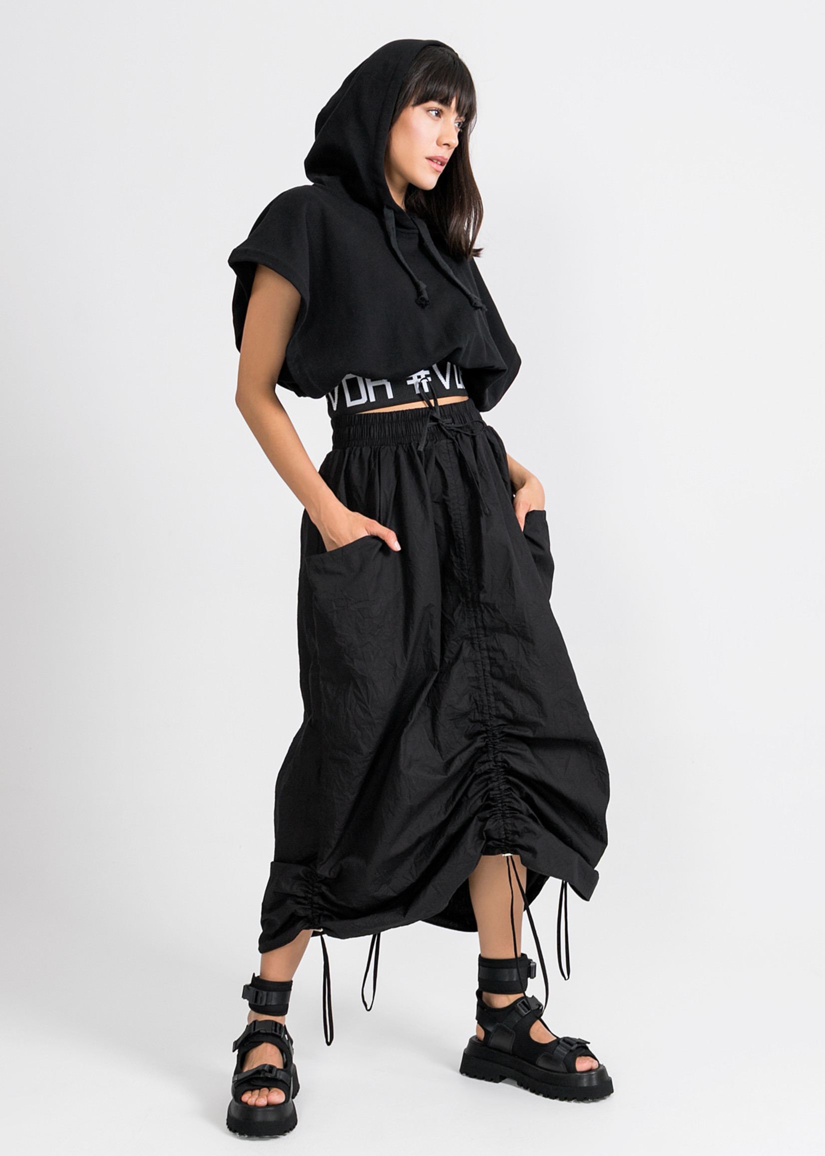 Ruched Hem Parachute Midi Skirt